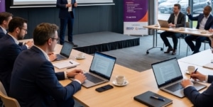 Plusieurs hommes d'affaires en costume participent à une conférence. Assis à des tables avec leurs ordinateurs portables, ils écoutent un intervenant debout sur une estrade. Un participant lève la main pour poser une question, près d'un panneau affichant les logos BDO et Luminus.