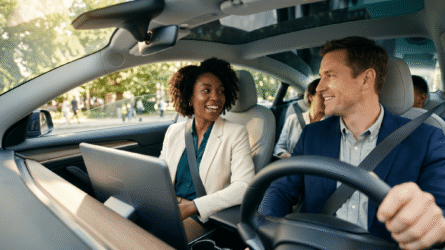 Un homme et une femme professionnels discutant avec le sourire dans une voiture électrique moderne, illustrant le covoiturage transfrontalier pour les trajets domicile-travail.