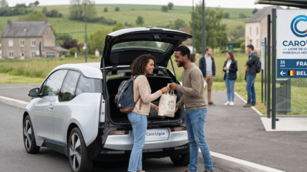 Un homme et une femme souriants chargent un sac dans le coffre ouvert d'une voiture à un arrêt aménagé. À côté d'eux, un grand panneau indique "Caro'Ligne - Ligne de covoiturage" avec les directions pour la France et la Belgique.
