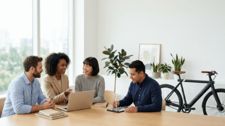 Quatre professionnels diversifiés collaborent autour d'une table en bois clair dans un bureau moderne et lumineux. Ils utilisent un ordinateur portable et une tablette. Un vélo urbain noir et de nombreuses plantes vertes sont visibles en arrière-plan près d'une grande fenêtre.