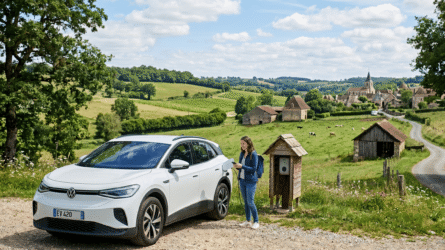 Une femme debout à côté d'une Volkswagen ID.4 blanche, branchant le câble de recharge dans une station en bois au bord d'une route de campagne française vallonnée avec un village médiéval au loin.