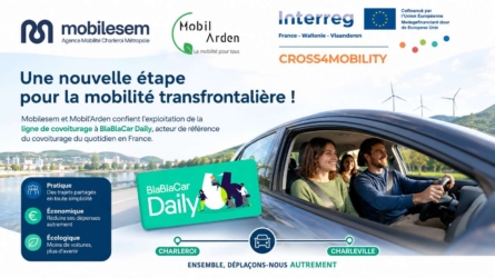 Visuel annonçant une nouvelle ligne de covoiturage BlaBlaCar Daily entre Charleroi et Charleville, portée par Mobilesem, Mobil’Arden et CROSS4MOBILITY.