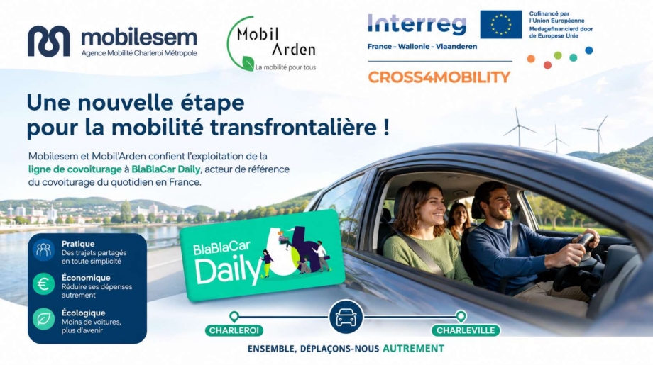 Visuel annonçant une nouvelle ligne de covoiturage BlaBlaCar Daily entre Charleroi et Charleville, portée par Mobilesem, Mobil’Arden et CROSS4MOBILITY.