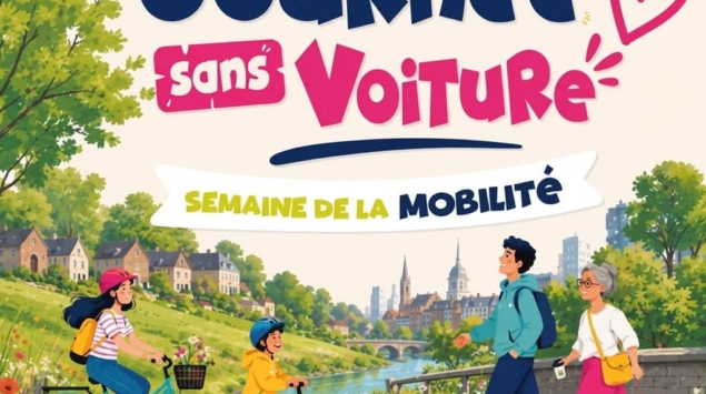 Affiche de la Wallonie pour la Semaine de la Mobilité et la Journée sans Voiture, montrant des personnes en déplacement durable (vélo, trottinette, marche) devant un paysage urbain et rural.