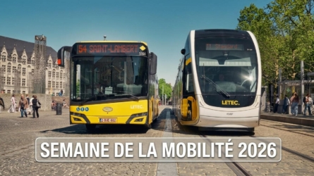 Bus et tram LETEC se croisant sur une place pavée, bandeau "Semaine de la Mobilité 2026"