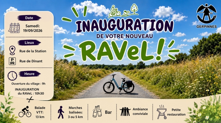 Affiche d'inauguration du nouveau RAVeL de Gerpinnes le samedi 19 septembre 2026