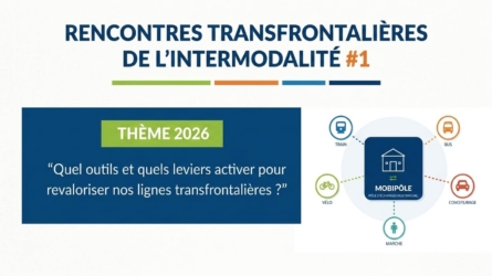 Affiche des Rencontres Transfrontalières de l'Intermodalité #1 : thème 2026 et schéma du mobipôle multimodal