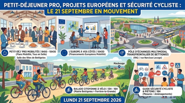 Affiche des activités du 21 septembre à Bettignies : petit-déj pro, projets européens, pôle multimodal