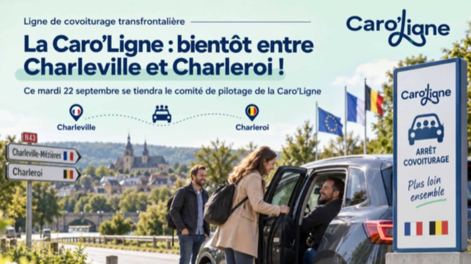 Visuel annonçant la Caro'Ligne, ligne de covoiturage transfrontalière entre Charleville et Charleroi, avec le comité de pilotage prévu le 22 septembre
