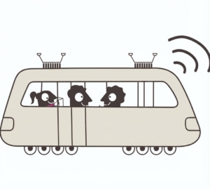 Mascottes officielles de la Semaine européenne de la mobilité voyageant en train