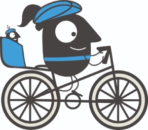 Mascotte CROSS4MOBILITY à vélo avec un enfant, illustrant une mobilité active adaptée à toutes les générations