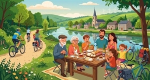 Famille multigénérationnelle partageant un pique-nique de spécialités locales au bord d'un chemin de halage, avec des cyclistes en arrière-plan