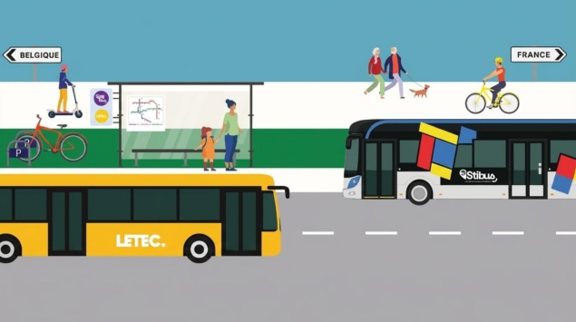 Illustration transfrontalière France-Belgique avec bus, vélo, trottinette et piétons à un arrêt