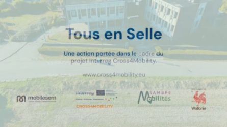 Visuel « Tous en Selle » – action du projet Interreg Cross4Mobility, avec les logos des partenaires.