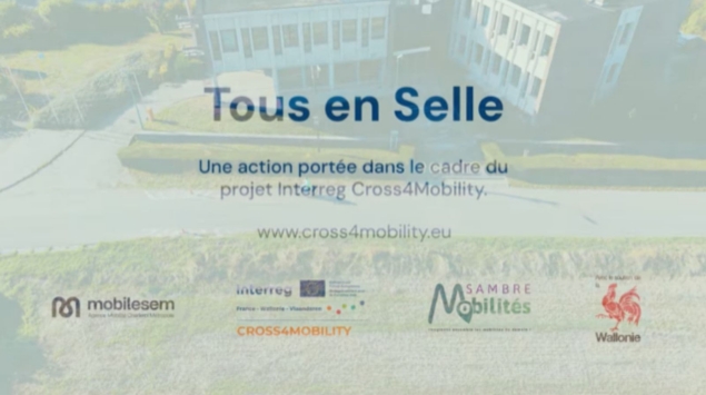 Visuel « Tous en Selle » – action du projet Interreg Cross4Mobility, avec les logos des partenaires.