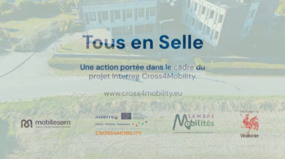 Visuel « Tous en Selle » – action du projet Interreg Cross4Mobility, avec les logos des partenaires.