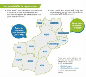 Carte des communes desservies par le Transport à la Demande de la Communauté de Communes Sud-Avesnois, avec explications sur les possibilités de déplacement et la réservation