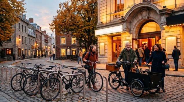 Spectateurs garant leurs vélos et un triporteur devant l'entrée illuminée d'un théâtre, en soirée