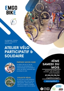 Affiche EMGO BIKE « Atelier vélo participatif et solidaire » montrant des vélos alignés dans un atelier.